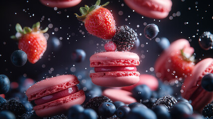 Fototapeta premium French macarons and fresh berries floating on dark background