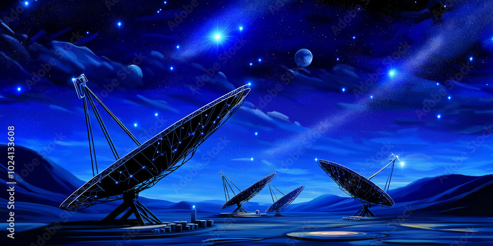Poster large array of satellite dishes communicating with spacecraft orbiting planet at night