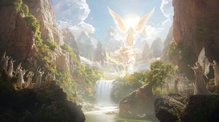 Heavenly Serenity - Stunning Christian 3D Render of Angels in Meditation Amidst Mountain River Landscape