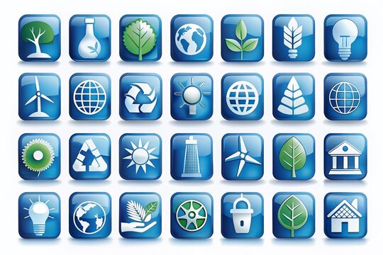Monochrome Blue Icon Set of 36 Ecology and Green Energy Power Symbols in 48x48 and 192x192 Pixel for