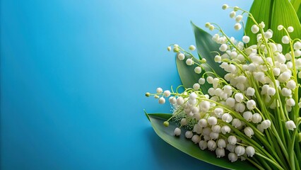 Obraz premium Lily of the Valley flowers on blue background reflected