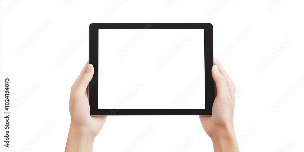 Poster hands holding digital tablet with blank screen on white background