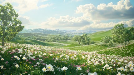 Obraz premium Heavenly Retreat: Angelic Gathering in Tranquil 3D Valley with Rolling Hills and Wildflowers