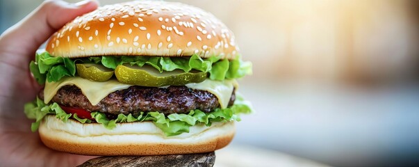 Classic cheeseburger with lettuce, tomato, and special sauce, wooden serving board, rustic street food ambiance