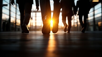 Fototapeta premium Silhouettes of Business People Walking Towards Sunset in Office Lobby