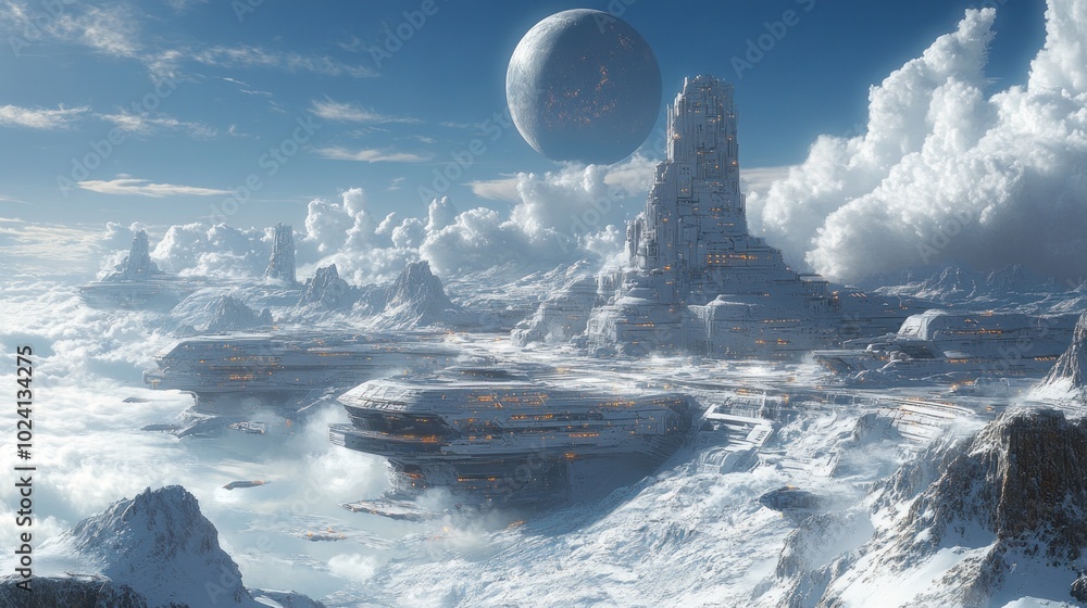 Poster futuristic landscape with towering structures and a large moon.