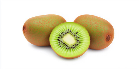 Fototapeta premium Three ripe kiwi fruits with half on white background