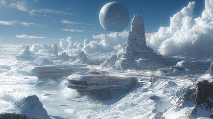 Futuristic landscape with towering structures and a large moon.