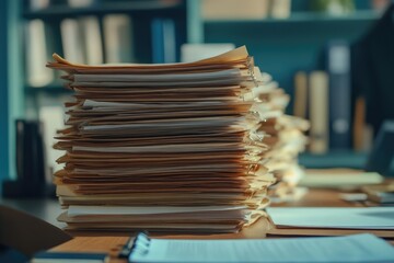 Close-Up of Pile of Documents and Papers on Office Desk with Blurred Background