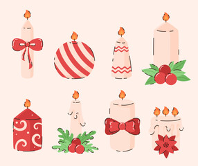 Set of different Christmas candles with decorations. Flat vector illustration.