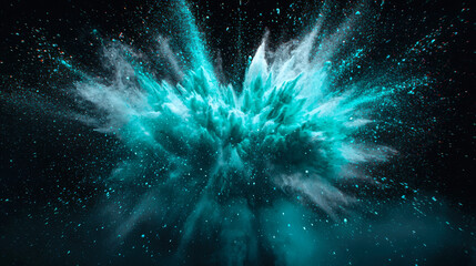 Galactic interstellar explosion. Turquoise explosion of holi colors. A beautiful nebula in the night sky. An abstract cloud of powdered dust.  The colors are so saturated that they seem alive