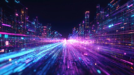 Fototapeta premium A futuristic paintbrush lit by neon purple and blue light, interacting with cyber technology to create a digital masterpiece