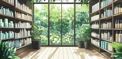 Luxury Supermarket Interior with Wooden Floors and Glass Walls Displaying Hair Care Products