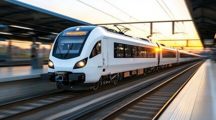 Fototapeta premium Modern Train Departing Station at Sunset Travel Transportation Urban Life