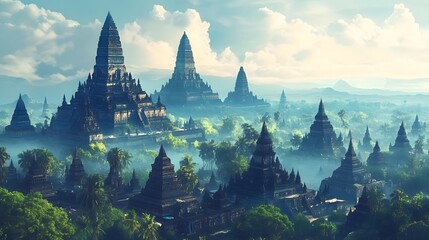 A magnificent collection of ancient East Asian towers stretching endlessly into the distance