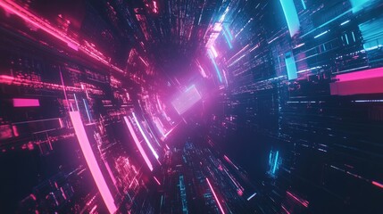 Obraz premium A vibrant neon paintbrush surrounded by holographic technology, glowing with cyber blue and purple light in a high-tech art scene