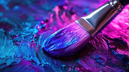 Fototapeta premium A close-up of a paintbrush illuminated by neon purple and blue lights, blending traditional art with futuristic cyber technology -