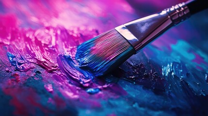 Fototapeta premium A close-up of a paintbrush illuminated by neon purple and blue lights, blending traditional art with futuristic cyber technology -