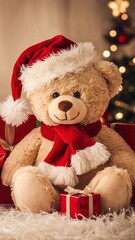 Traditional Christmas teddy bear wearing a classic Santa hat and scarf sits surrounded by holiday presents in a warm, festive setting.
