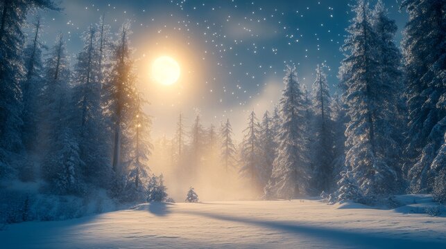 Enchanting winter solstice night with snow-covered forest and shining moonlit sky