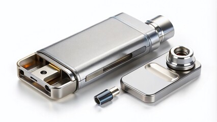 Opened silver vaping device pod kit on white background, top view showcasing modern vape technology and sleek design