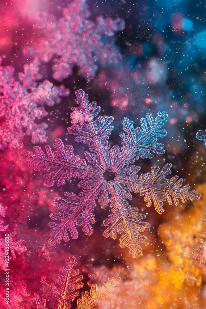 Poster a snowflake is shown in a colorful background. the snowflake is surrounded by a rainbow of colors, c
