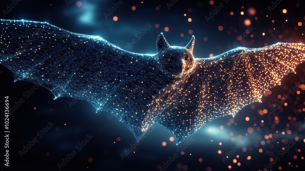 Poster a stylized, glowing bat with its wings spread wide, created using a particle effect on a dark backgr