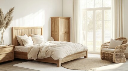 Sunny bedroom with a wooden bed, a rattan armchair, and a window. Soft beige wall background, a mockup interior