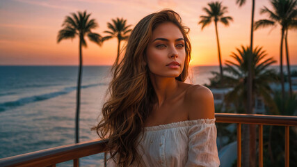 A woman stands on a balcony at a tropical resort, enjoying the peaceful sunset with her hair flowing in the breeze.