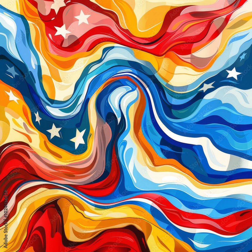 Poster vibrant abstract artwork featuring swirling patterns in red, blue, and yellow with star elements, cr