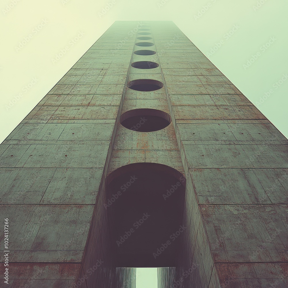 Poster a low angle shot of a tall concrete building with circular openings.