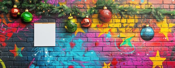A Christmas street art scene with a blank notepad taped to a colorful graffiti wall
