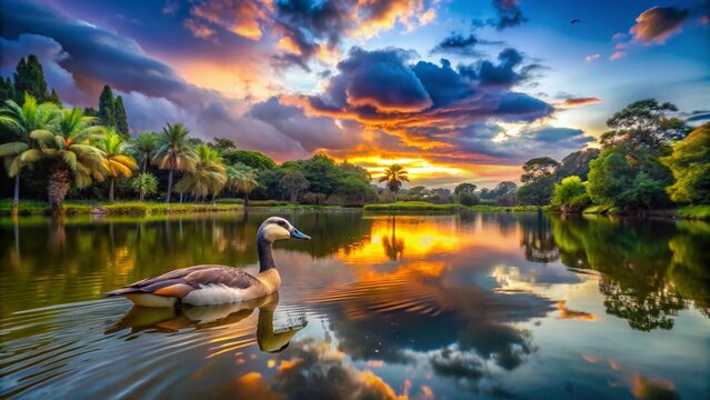 Panoramic View of a Nilgans Swimming with Open Bill on a Tranquil Pond