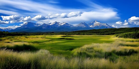 Obraz premium Majestic Mountain Range with Green Grass Field and Blue Sky