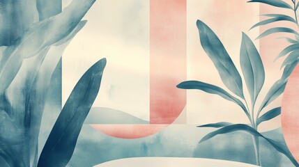 Abstract Watercolor Artwork with Blue and Pink Shapes and Foliage