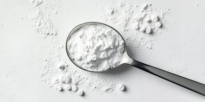 Isolated measuring spoon featuring arginine creatine on a clean white background.