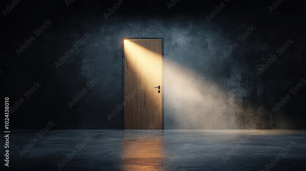Poster a closed door with light shining through the cracks, but no attempt to open it.