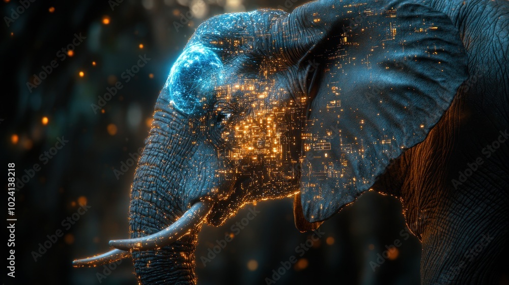 Poster a digitally enhanced elephant with glowing patterns, symbolizing technology and nature.