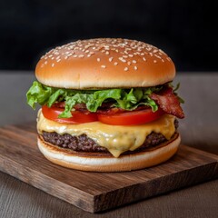Gourmet double cheeseburger with bacon, lettuce, and tomato, served on a wooden board, night market