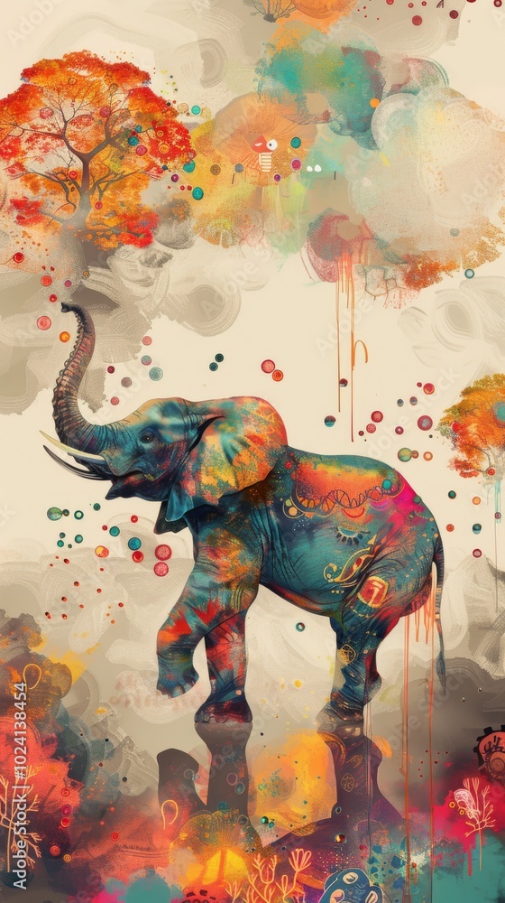 Poster a colorful elephant is walking through a forest with trees in the background