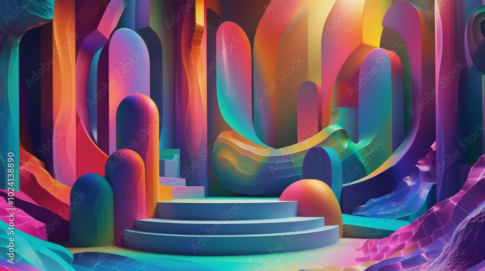 Aufkleber abstract 3d scene with colorful geometric shapes and a platform
