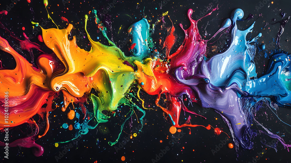 Poster vibrant abstract paint explosion, dynamic splashes of color create intricate patterns against a bold