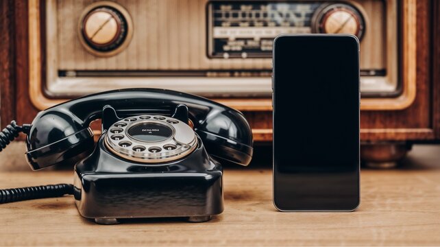 Contrasting vintage rotary phone and modern smartphone on a wooden table - Powered by Adobe