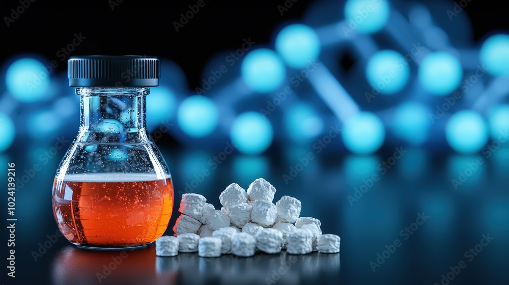 Poster laboratory experiment with milk samples erlenmeyer flask and white cubes