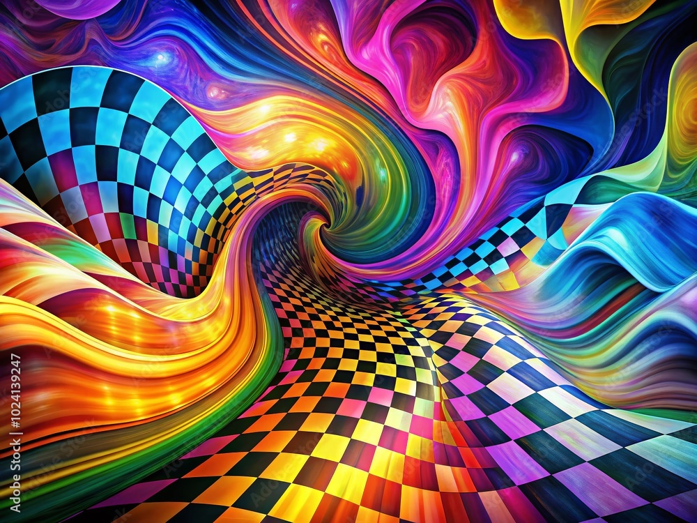 Poster psychedelic abstract patterns: wavy lines and chessboard designs for visual impact