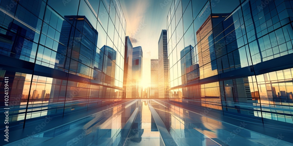 Poster abstract architectural background featuring geometric patterns of skyscrapers at sunset.