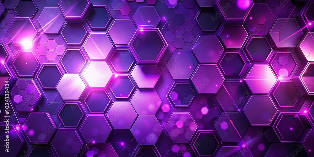 Poster Purple Techno Abstract Background with Overlapping Layers and Glowing Hexagons for Modern Graphic Design Elements