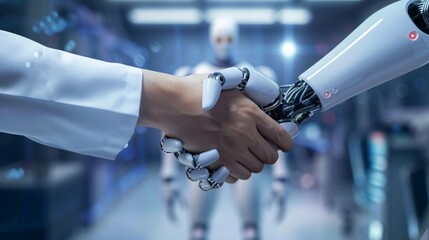 Collaborative handshake symbolizes partnership between humans and robots.