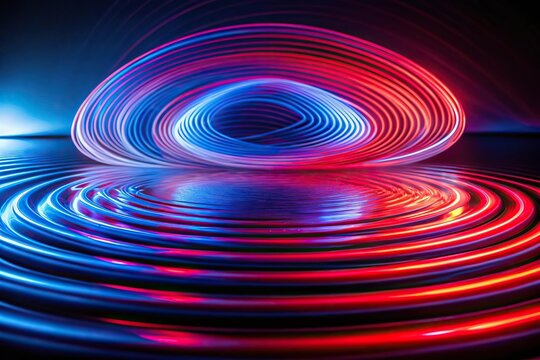long exposure light painting photography of red elliptical blue semi circle ripples and waves against black background