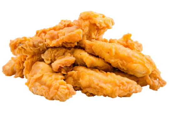 A pile of golden, fried chicken strips isolated on a PNG white background